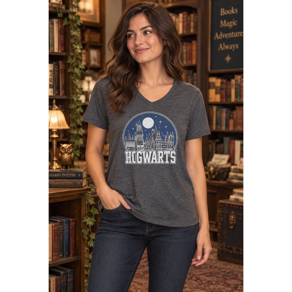 Harry Potter Hogwarts L Gray V Neck Graphic T Shirt Fantasy Dark Academia